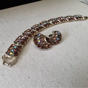 Vintage LISNER Amber-colored Iridescent Rhinestone Bracelet and Earrings